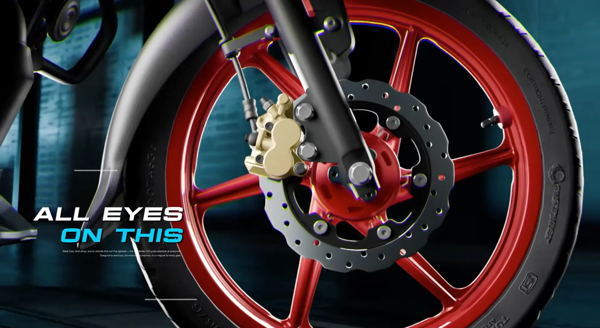 Close CGI frame of the Raider front wheel, disc brake and red alloy