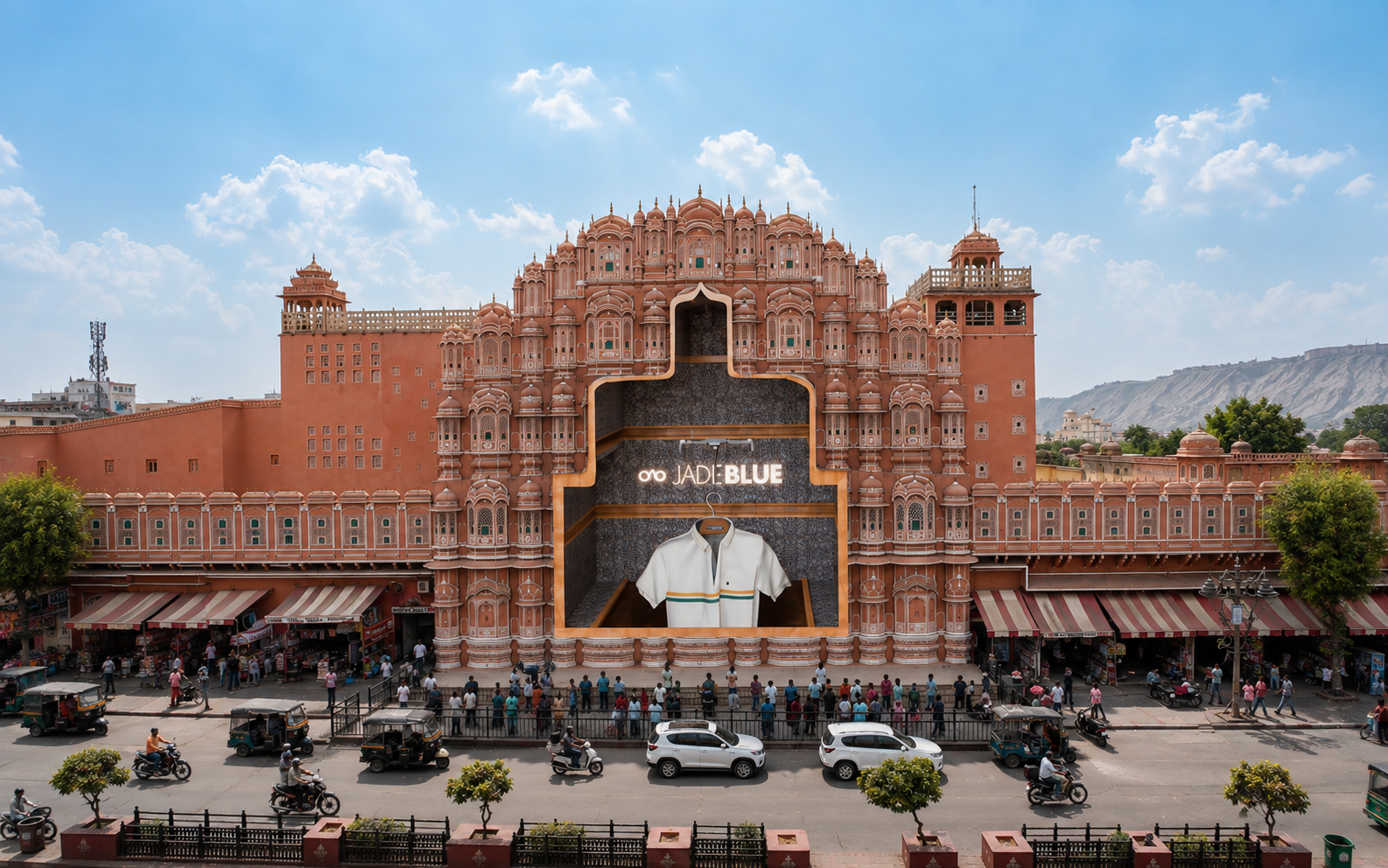 Retail CGI of a Jade Blue shirt inside a 3D window carved into a heritage pink facade