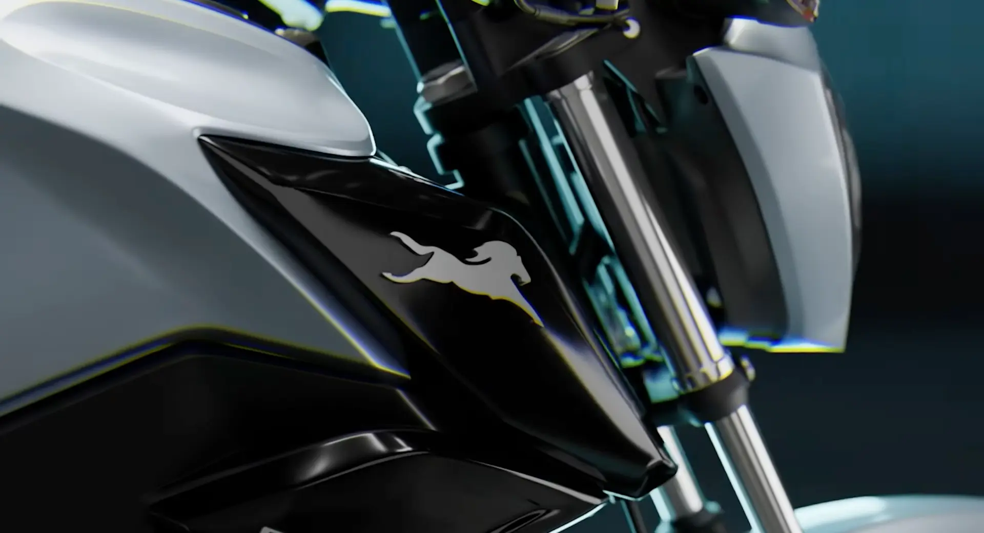 Close CGI detail of the Raider tank shroud and front fork