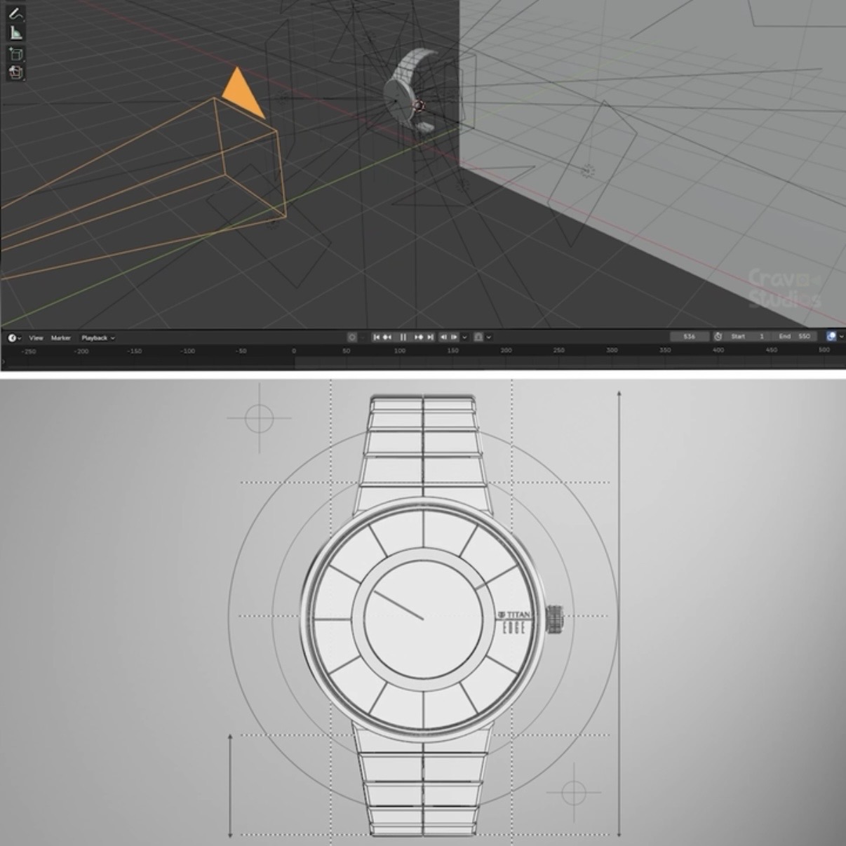 Technical wireframe of the Edge watch case in the 3D viewport