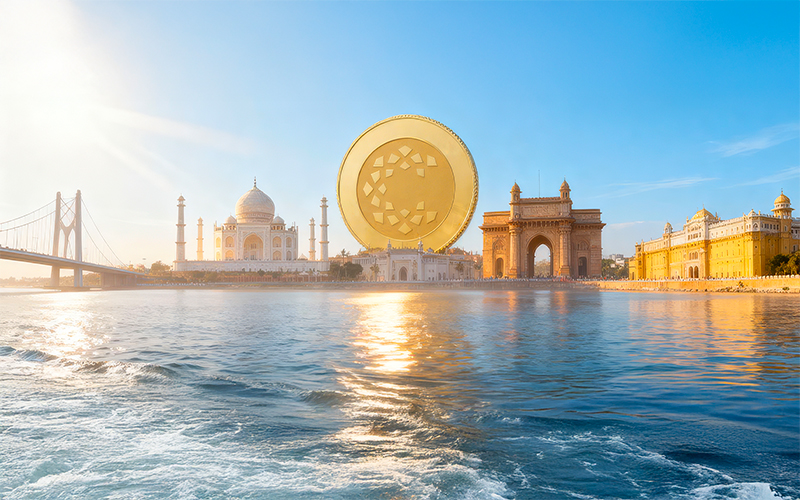 CaratLane gold coin CGI travelling across Indian landmarks — Gateway of India, Taj Mahal and Hawa Mahal