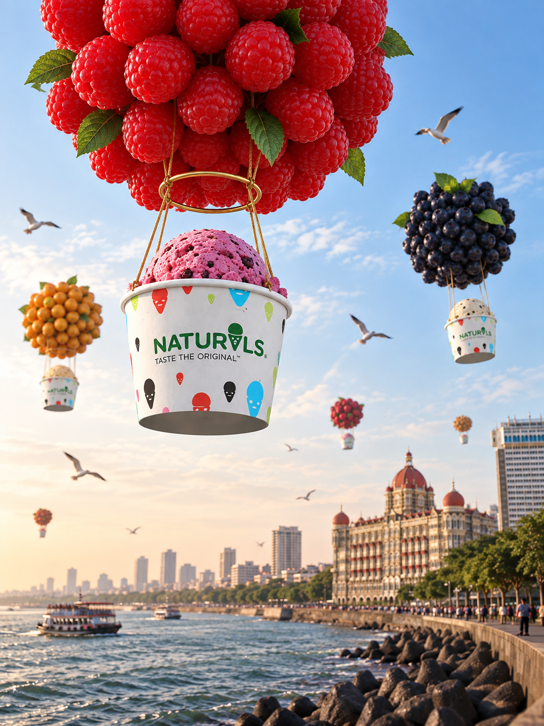 CGI visual of Naturals ice cream tubs lifted by giant berry clusters over the Mumbai skyline
