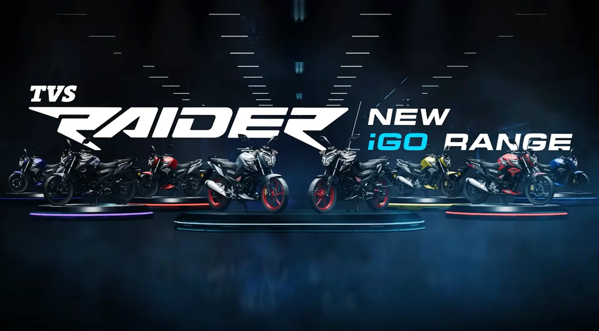 TVS Raider iGO range lined up on lit platforms in a CGI stage